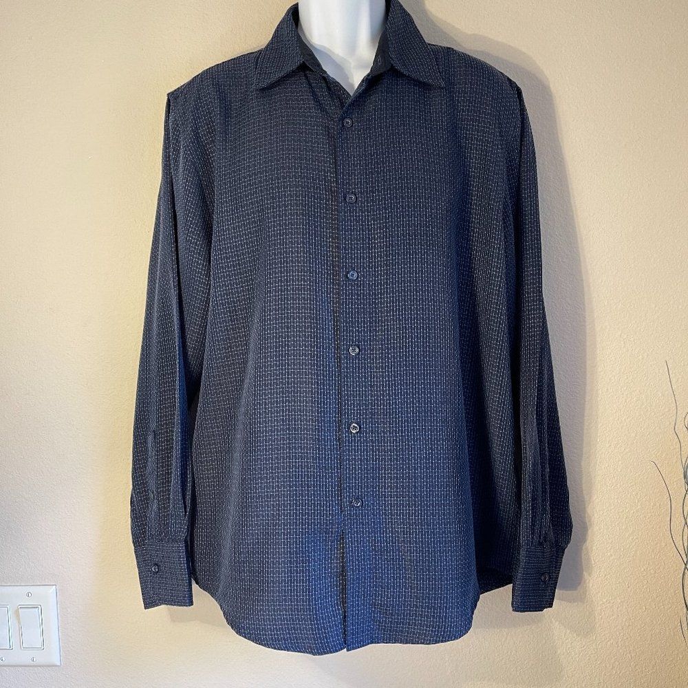 Bruno New York Textured Button Down Shirt Large Navy Purple Check